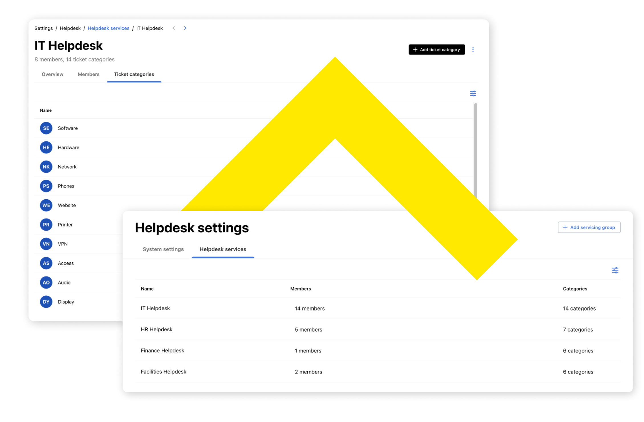 Screen showing different help desk settings and ticket categories.