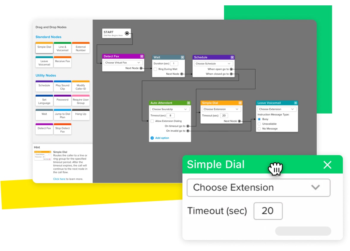 Collage of GoTo Connect admin interface, showing visual dial plan editor, options for waiting, voicemail, auto attendants, scheduling, and simple dial.