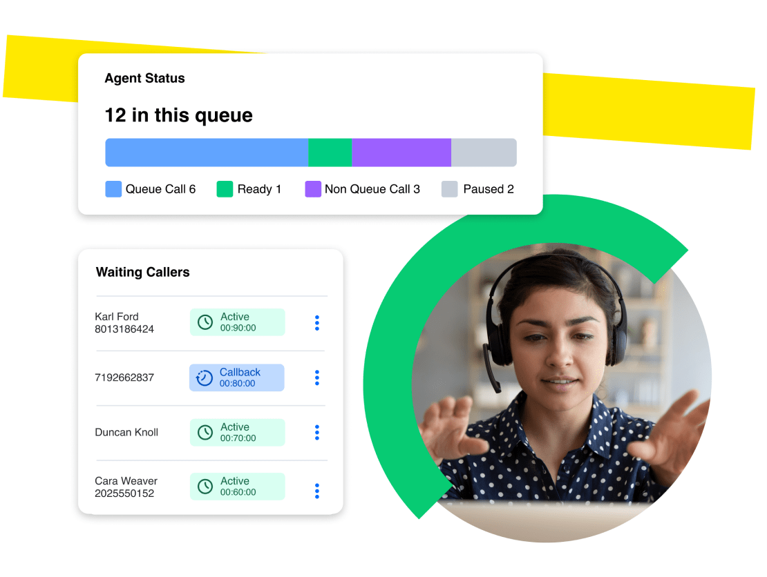 Collage of remote employee on a support call, while monitoring their call queue and waiting callers in GoTo Connect.