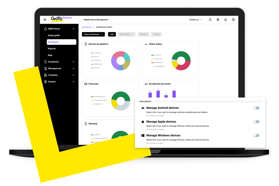 Laptop screen displaying Resolve with remote support for every device. You’ll have all the tools that employees use up and running on one dashboard.