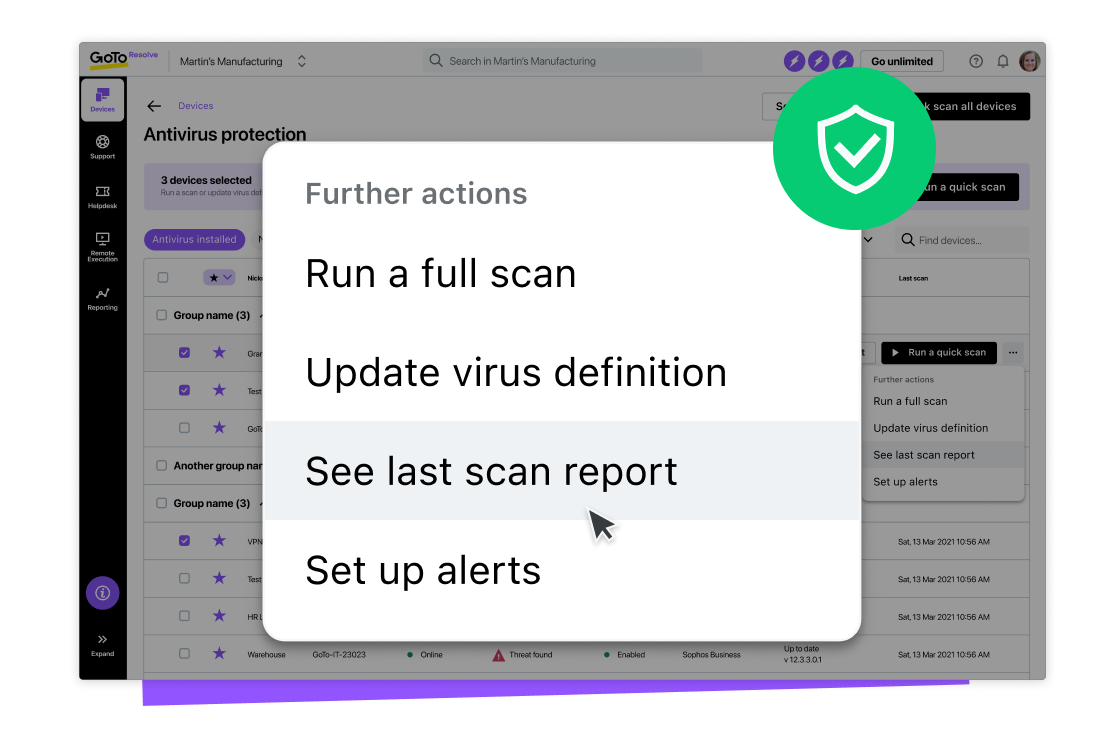  GoTo Resolve’s RMM software scanning endpoints for threats.