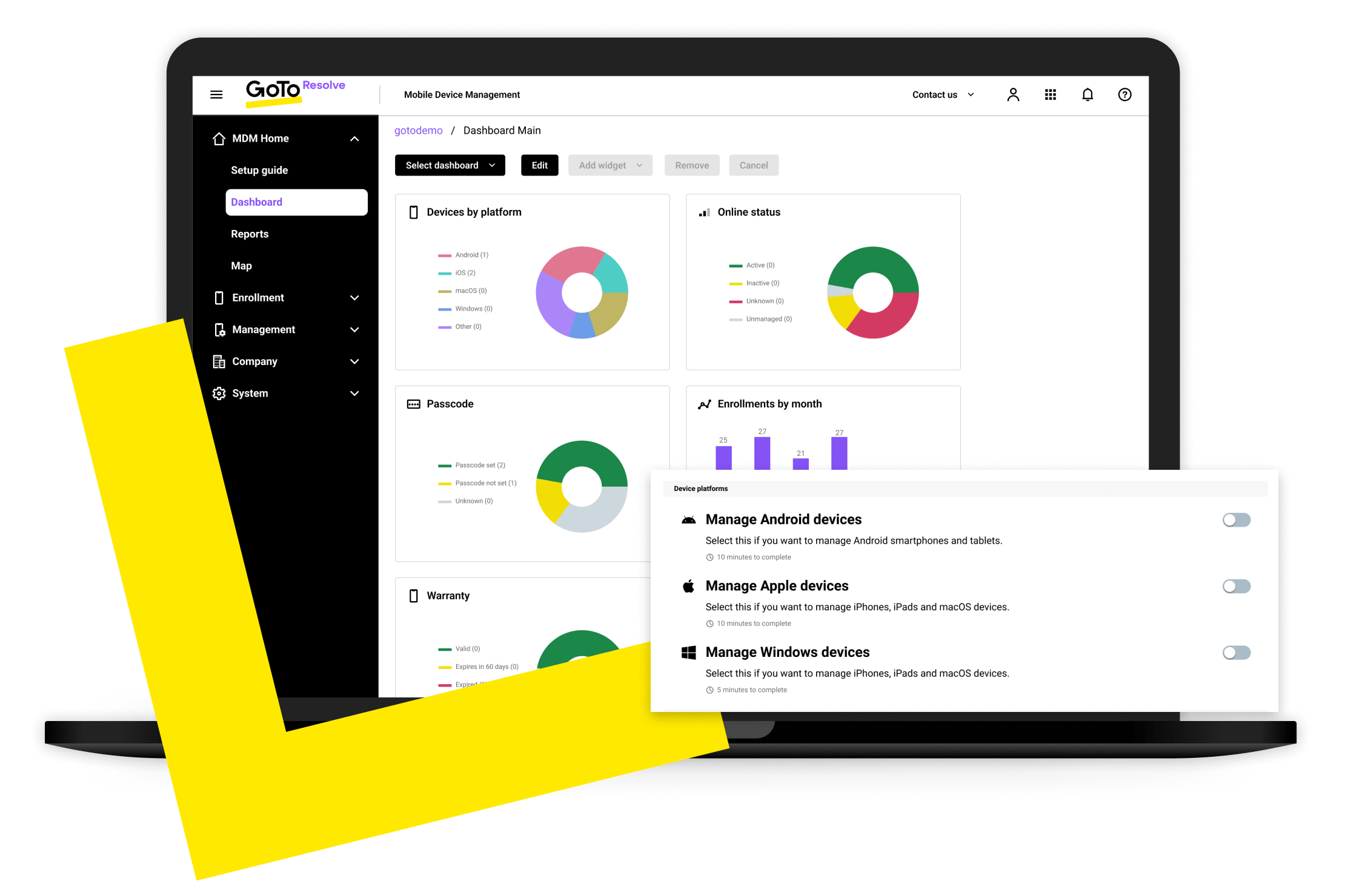 Desktop interface of Resolve MDM dashboard and device options.