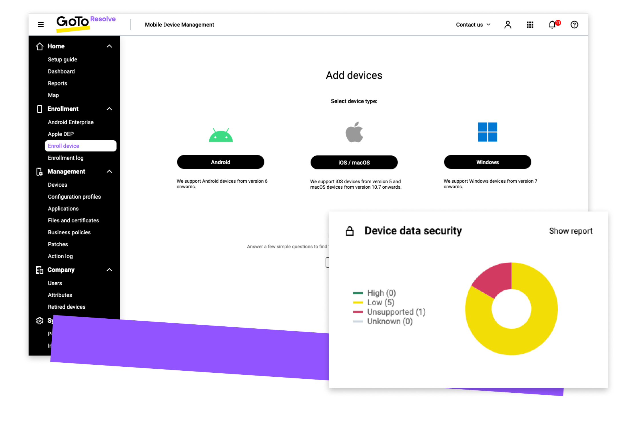 Desktop view of the interface for adding devices and screen of device data security chart.