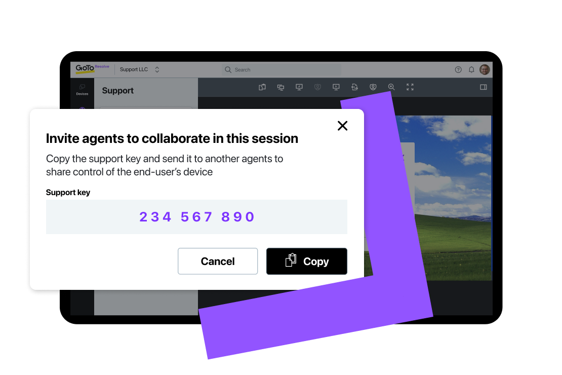 Screen view of multi-agent collaboration feature in GoTo Resolve’s remote support software.