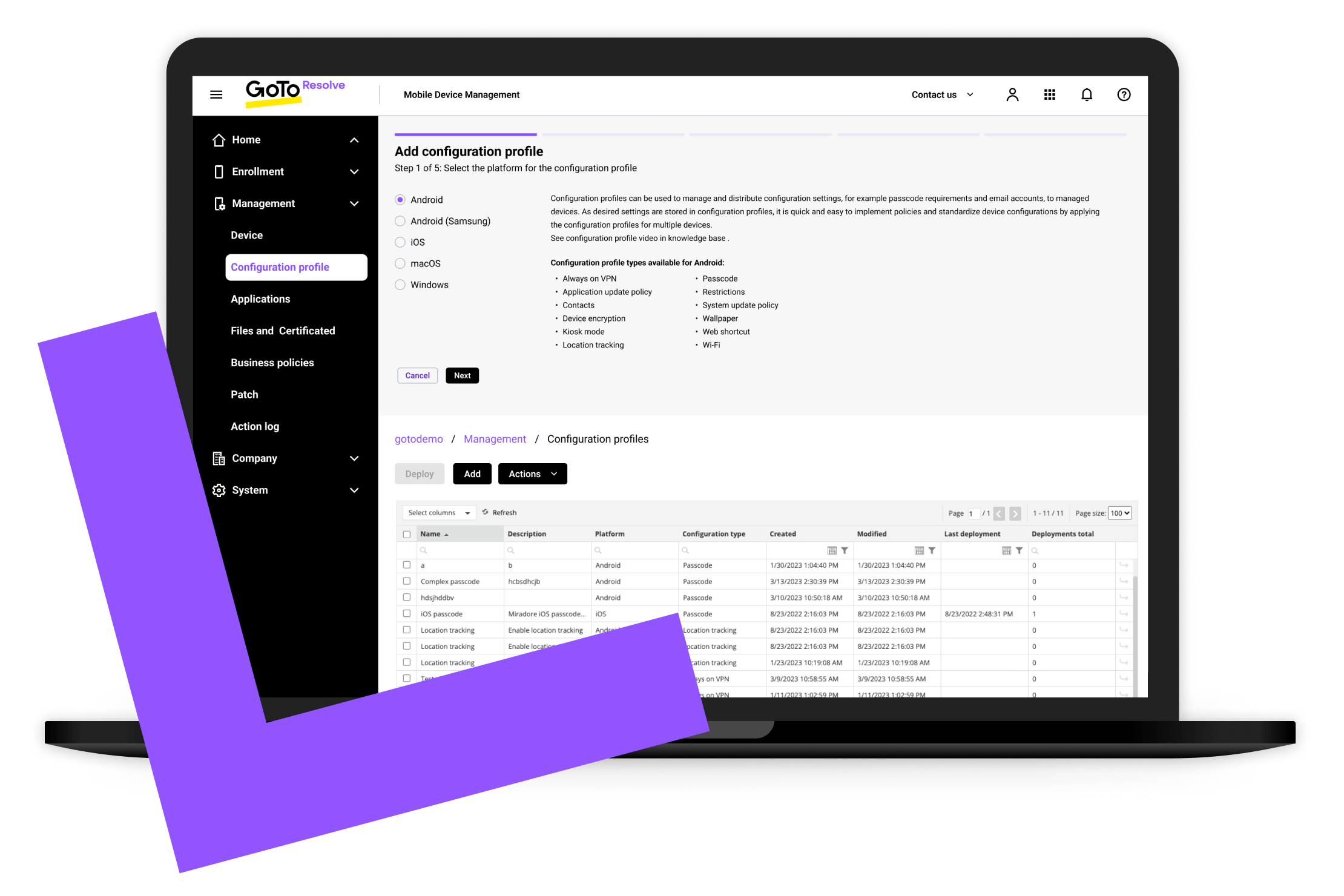 Desktop view of screen to add a configuration profile to Resolve MDM.