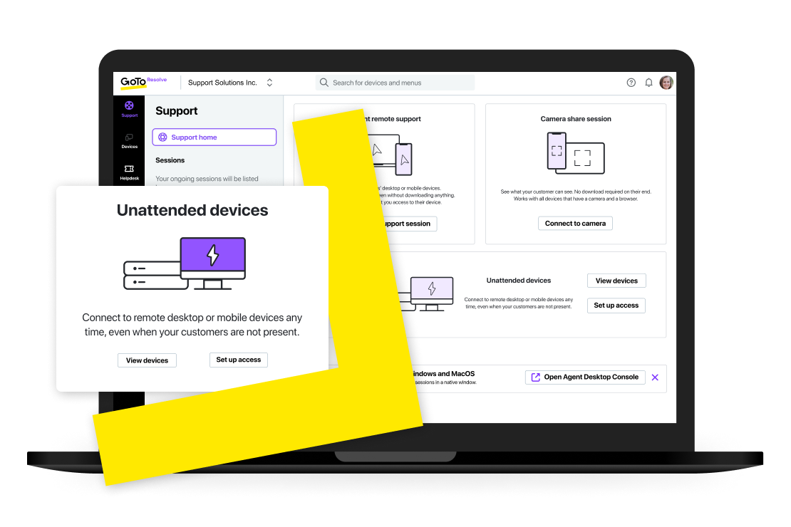 Screen view of options to “View Devices” or “Set Up Access” using GoTo Resolve’s remote support software.