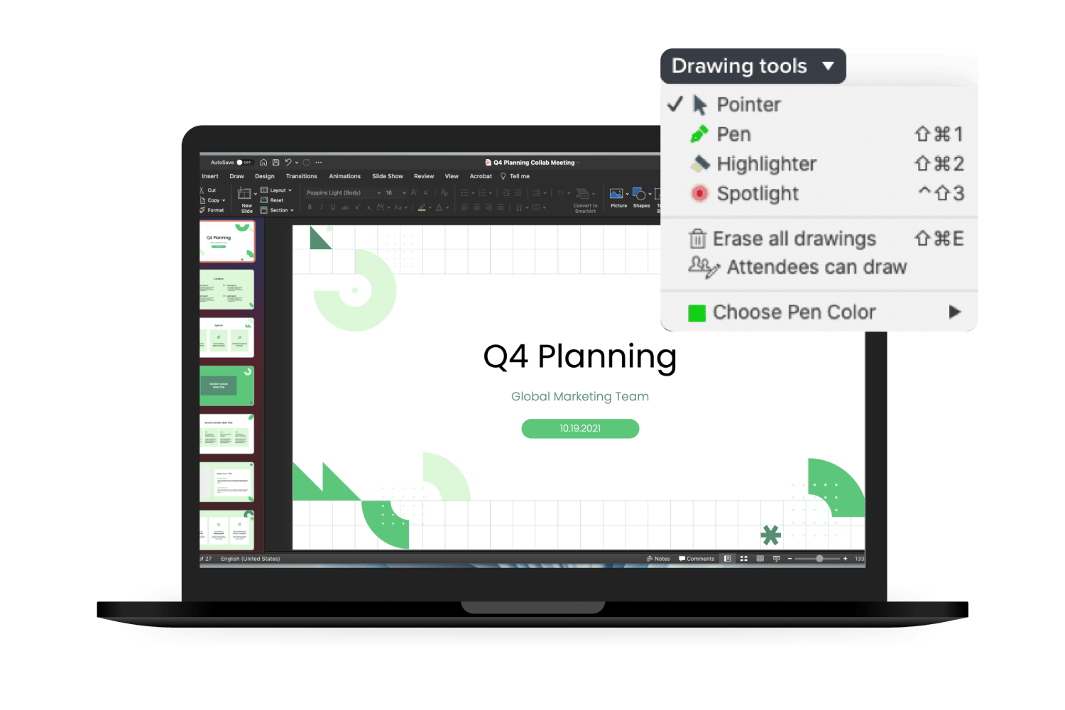 Demonstration of presentation drawing tools that allow you to mark up and annotate live during a presentation