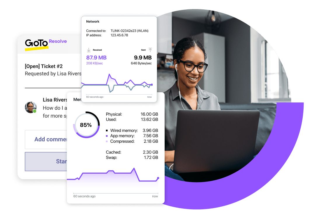  IT agent using GoTo Resolve’s RMM, helpdesk, and mobile device support functions.