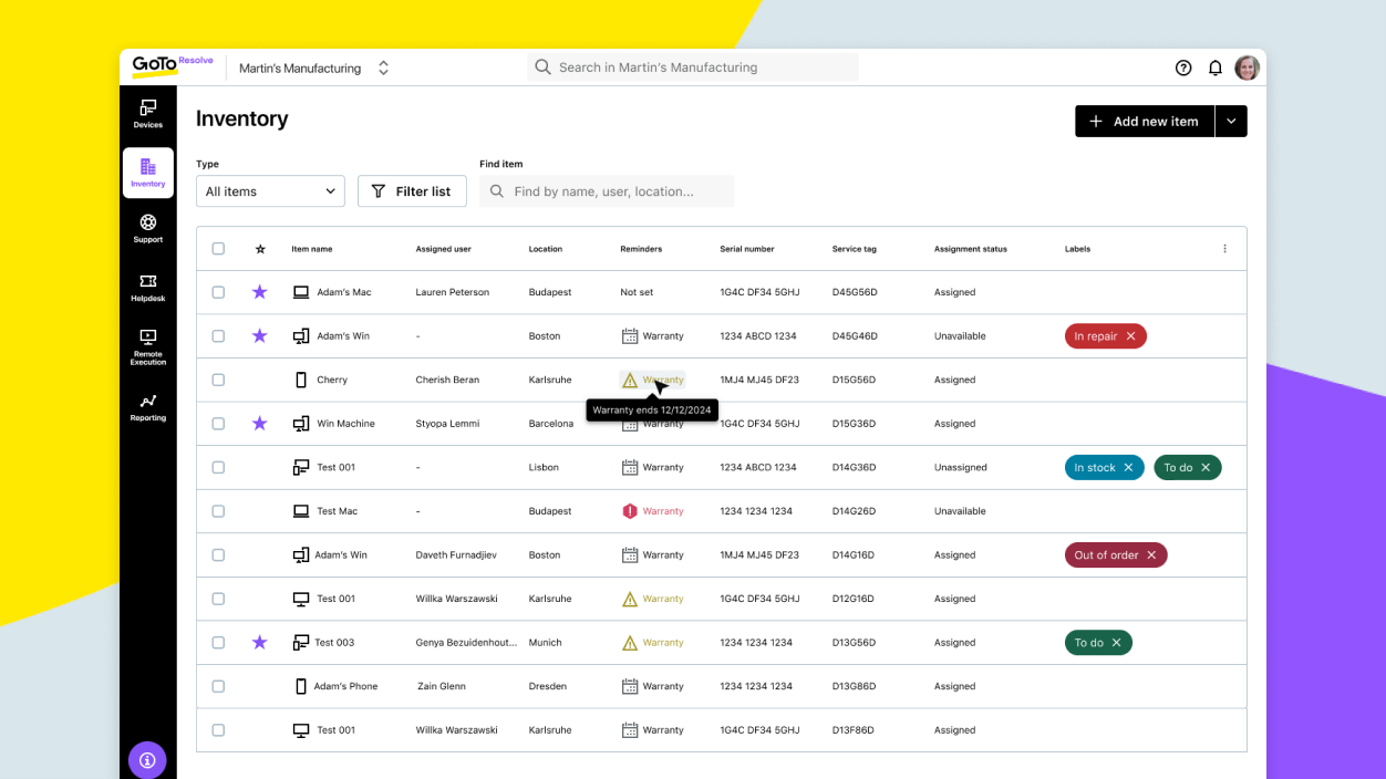 Screenshot showing hardware inventory management for GoTo Resolve.