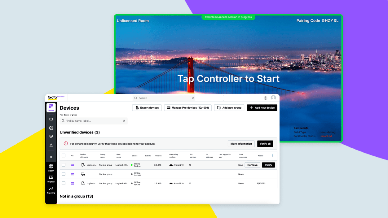 Screens showing GoTo Resolves devices list and a room screen being remotely accessed.