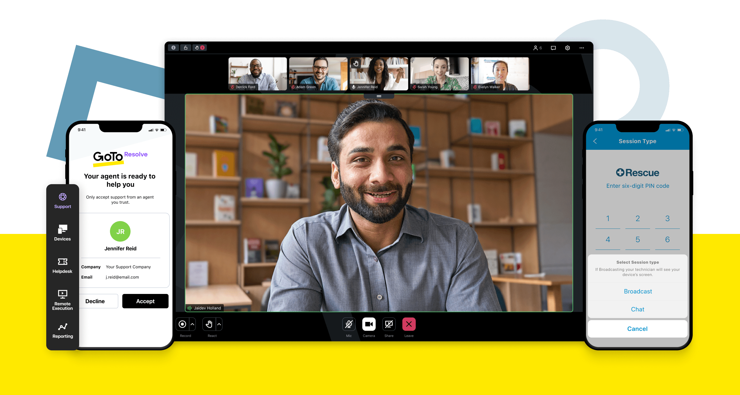 Arrangement of a desk phone, desktop meeting interface, and mobile phone showing all the ways you can use GoTo Connect, GoTo Resolve, and Rescue across different devices and places.
