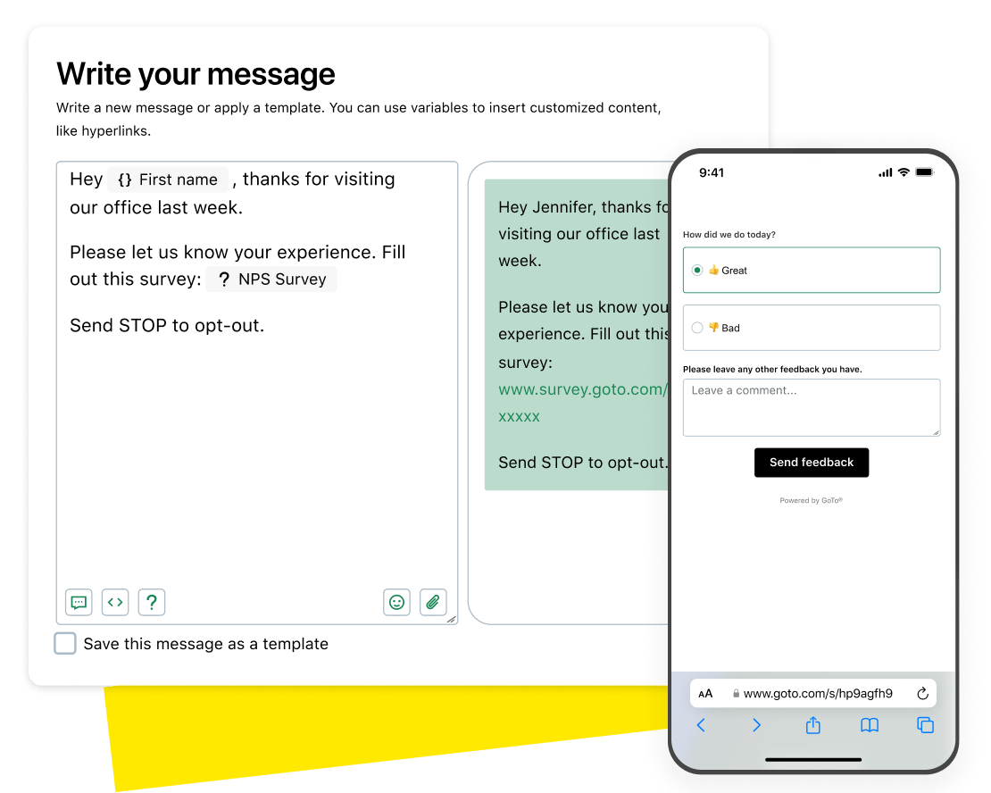 Schermata per scrivere i messaggi della campagna SMS e per collegarsi al nuovo strumento di GoTo Connect per i sondaggi.