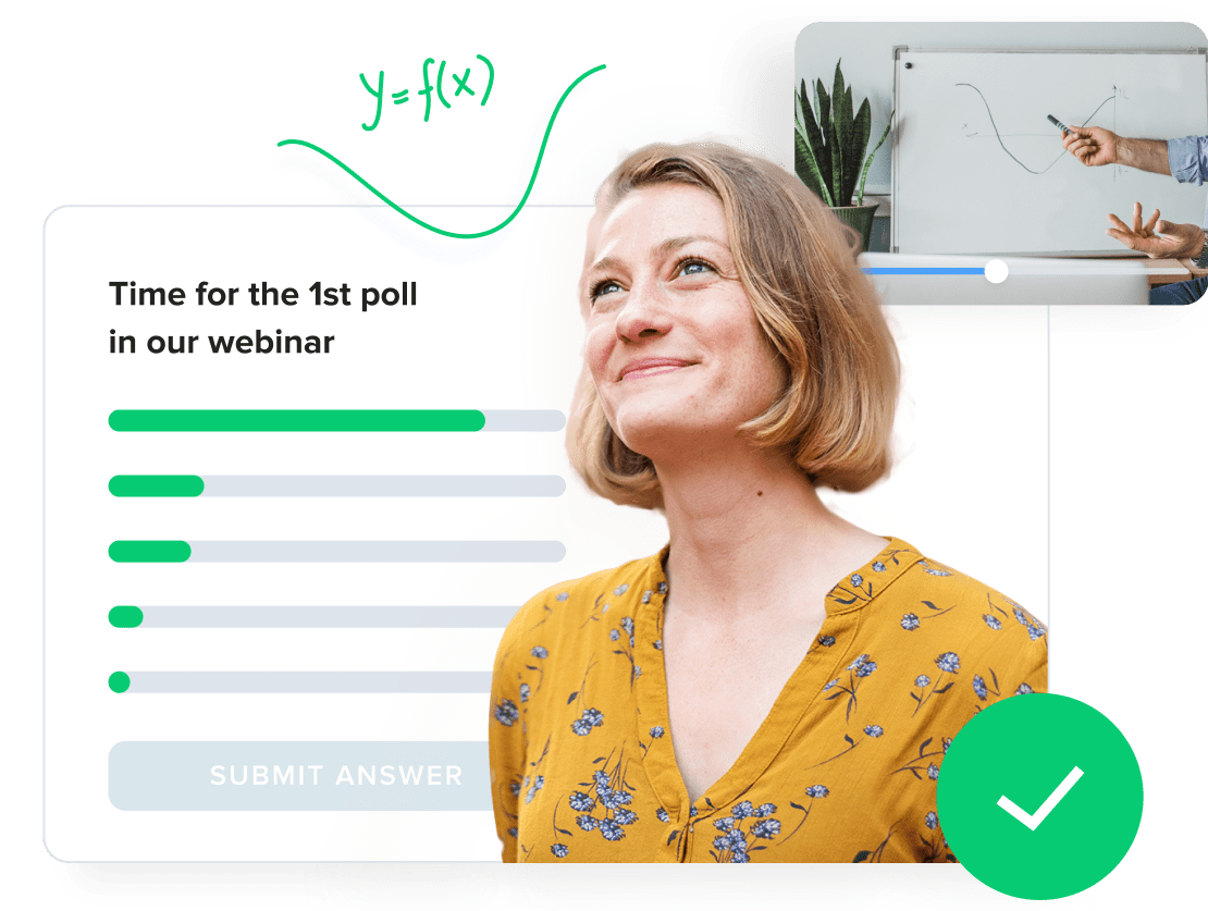 Collage showing how webinars, polls, and quizes can combine to engage audiences and improve learning and comprehension.