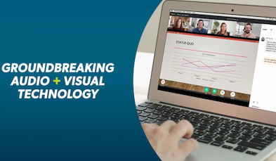 GoToConnect being used on laptop with "Groundbreaking Audio + Visual Technology" caption